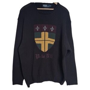 VTG 90s Polo Ralph Lauren Heraldic Shield Polo RL Sweater Mens XL Black